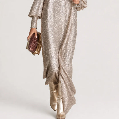 Women's Shimmering Polyester Maxi Dress | Elegant Loose-Fit V-Neck Evening Gown 7