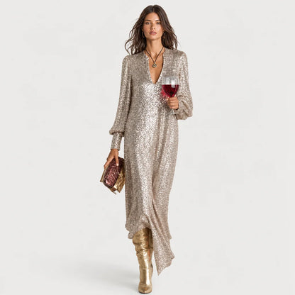 Women's Shimmering Polyester Maxi Dress | Elegant Loose-Fit V-Neck Evening Gown 8