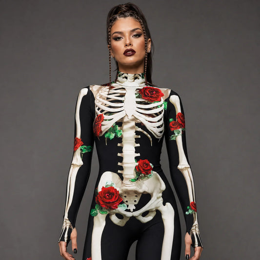 Women's Skeleton Print Costume | Elegant Floral Design Halloween Outfit 0