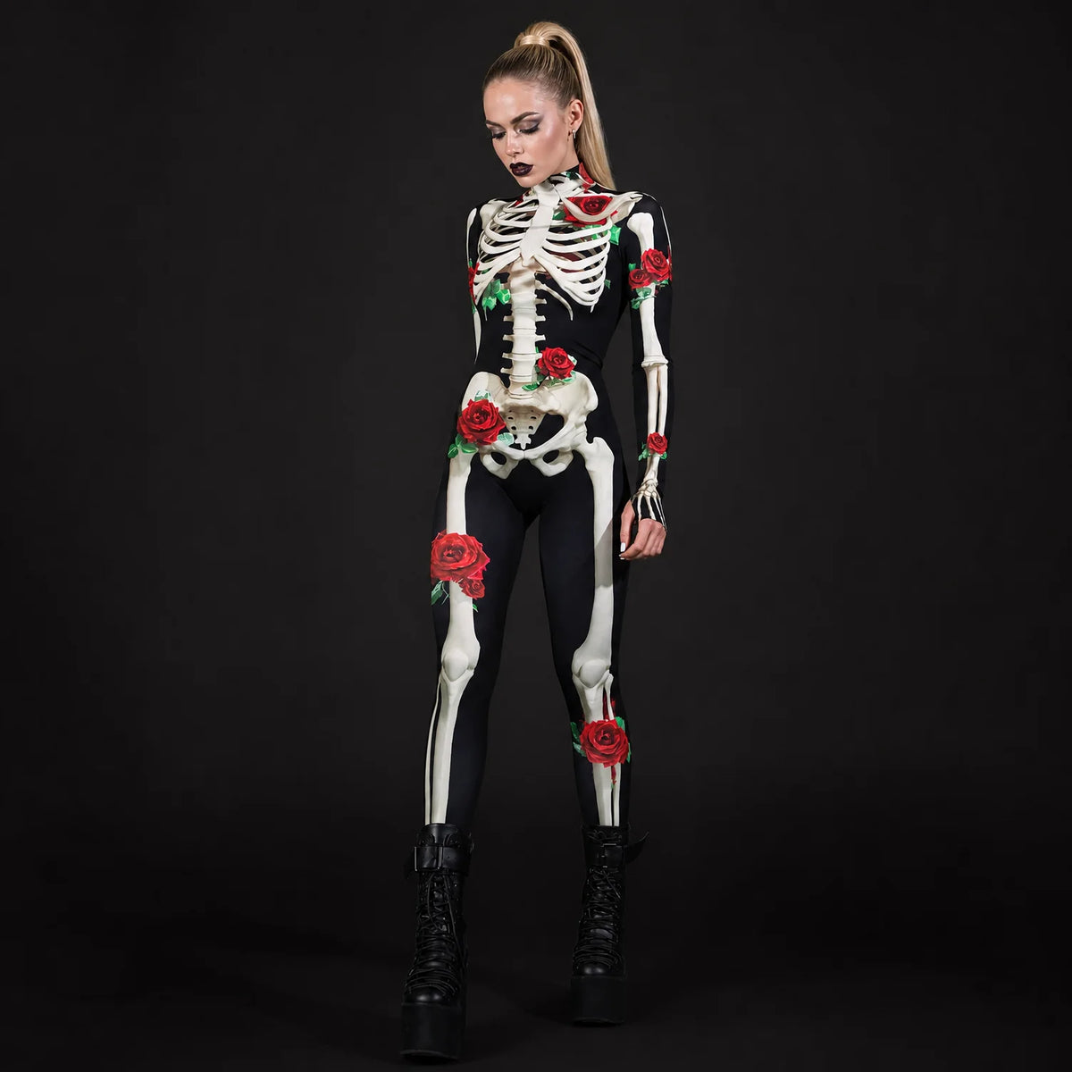 Women's Skeleton Print Costume | Elegant Floral Design Halloween Outfit 1