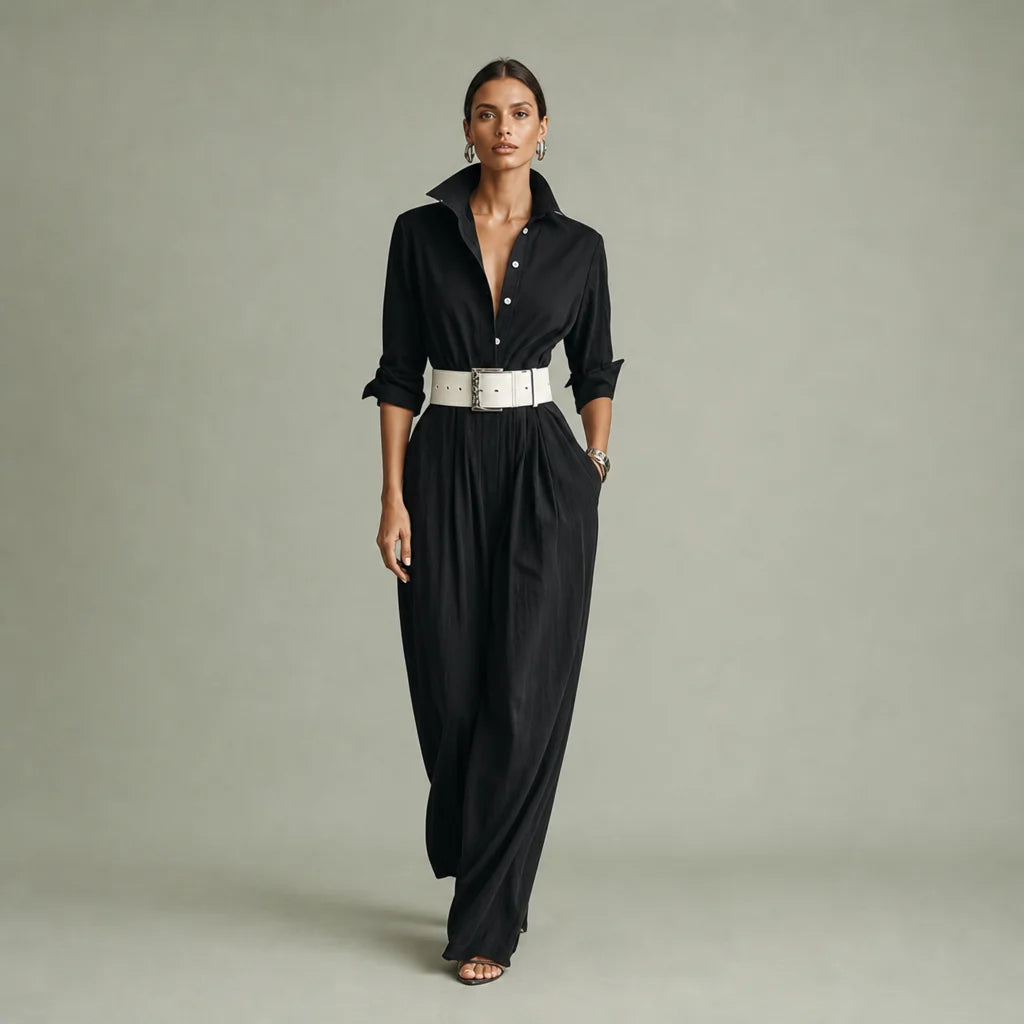 Women's Smooth Fabric Belted Jumpsuit | Elegant Tailored Long Sleeve Outfit 0