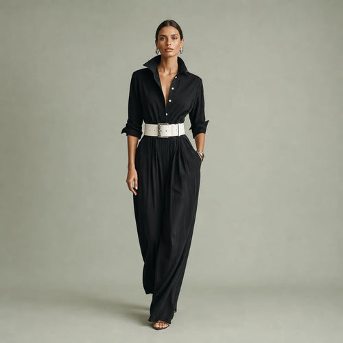 Women's Smooth Fabric Belted Jumpsuit | Elegant Tailored Long Sleeve Outfit 0