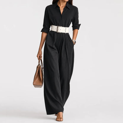 Women's Smooth Fabric Belted Jumpsuit | Elegant Tailored Long Sleeve Outfit 2