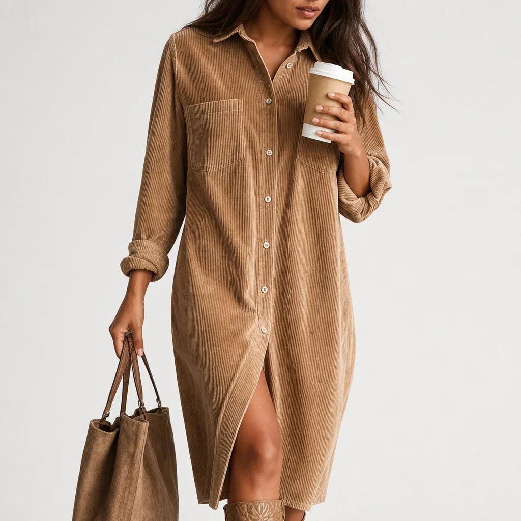 Women's Soft Corduroy Midi Dress | Relaxed Fit Double Chest Pocket Style 2