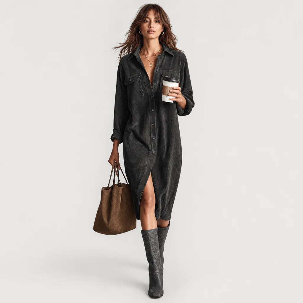 Women's Soft Corduroy Midi Dress | Relaxed Fit Double Chest Pocket Style 4