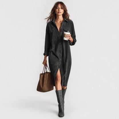 Women's Soft Corduroy Midi Dress | Relaxed Fit Double Chest Pocket Style 4