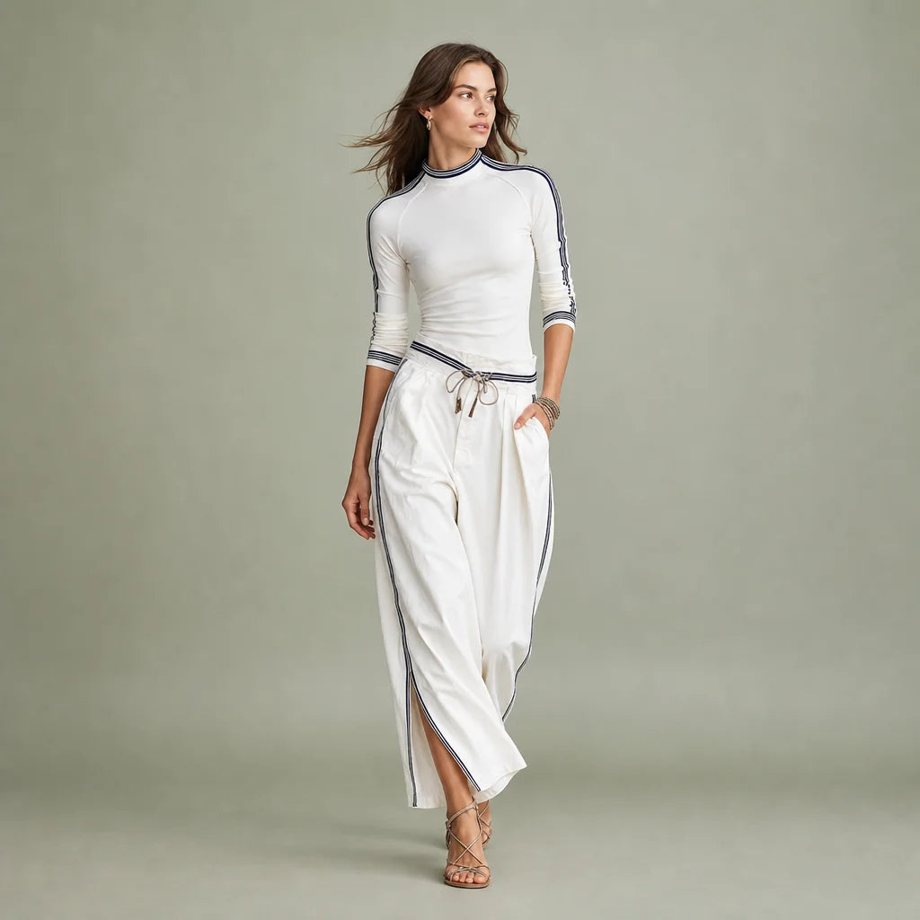 Women's Soft Cotton Blend Two-Piece Sports Set | Stylish Half-High Neck Top & Drawstring Wide-Leg Pants 0