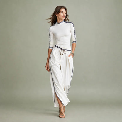 Women's Soft Cotton Blend Two-Piece Sports Set | Stylish Half-High Neck Top & Drawstring Wide-Leg Pants 0