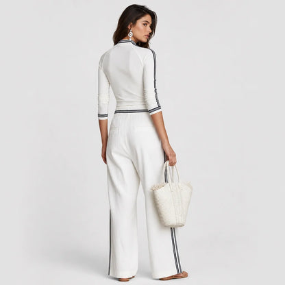 Women's Soft Cotton Blend Two-Piece Sports Set | Stylish Half-High Neck Top & Drawstring Wide-Leg Pants 1