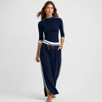 Women's Soft Cotton Blend Two-Piece Sports Set | Stylish Half-High Neck Top & Drawstring Wide-Leg Pants 2