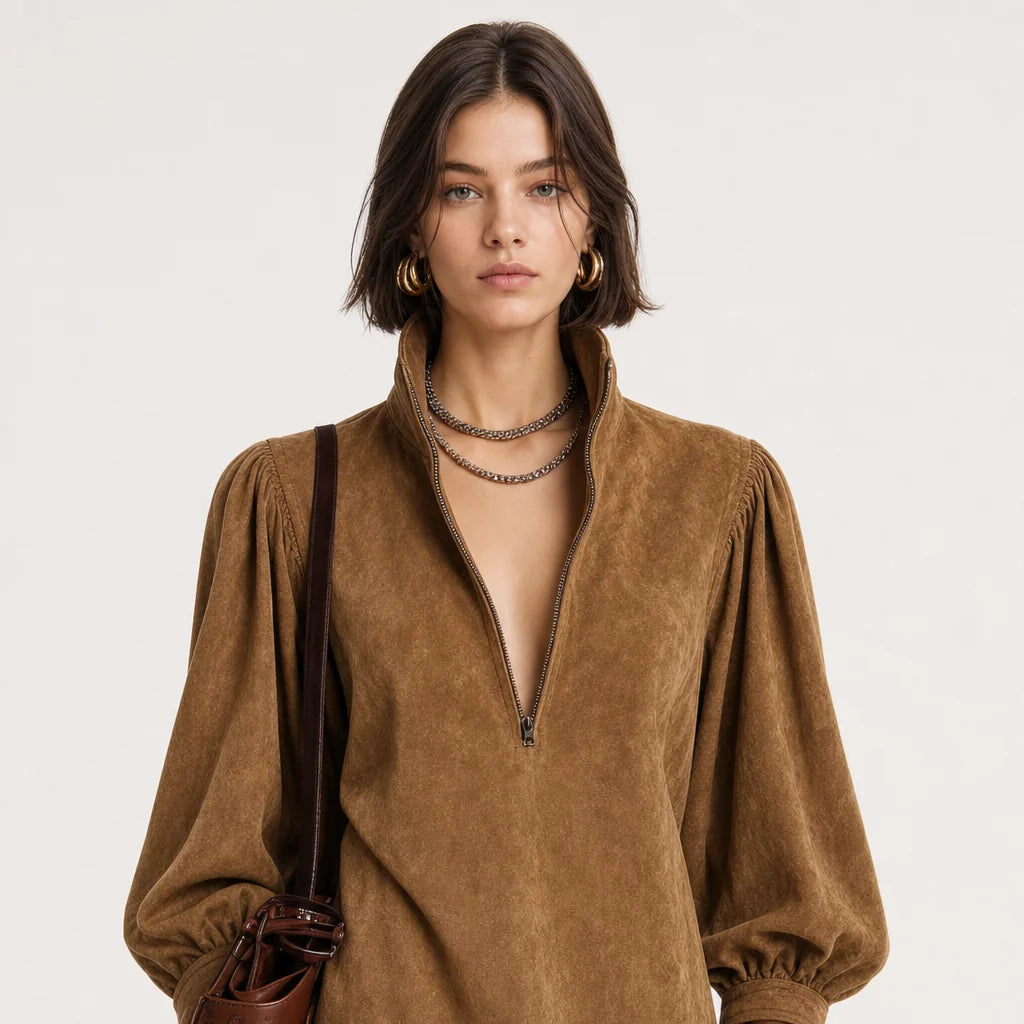 Women's Soft Faux Suede Mini Dress | Cozy Turtleneck with Zipper Closure 1