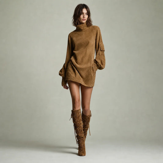 Women's Soft Faux Suede Mini Dress | Vintage Turtleneck Casual Outfit 0