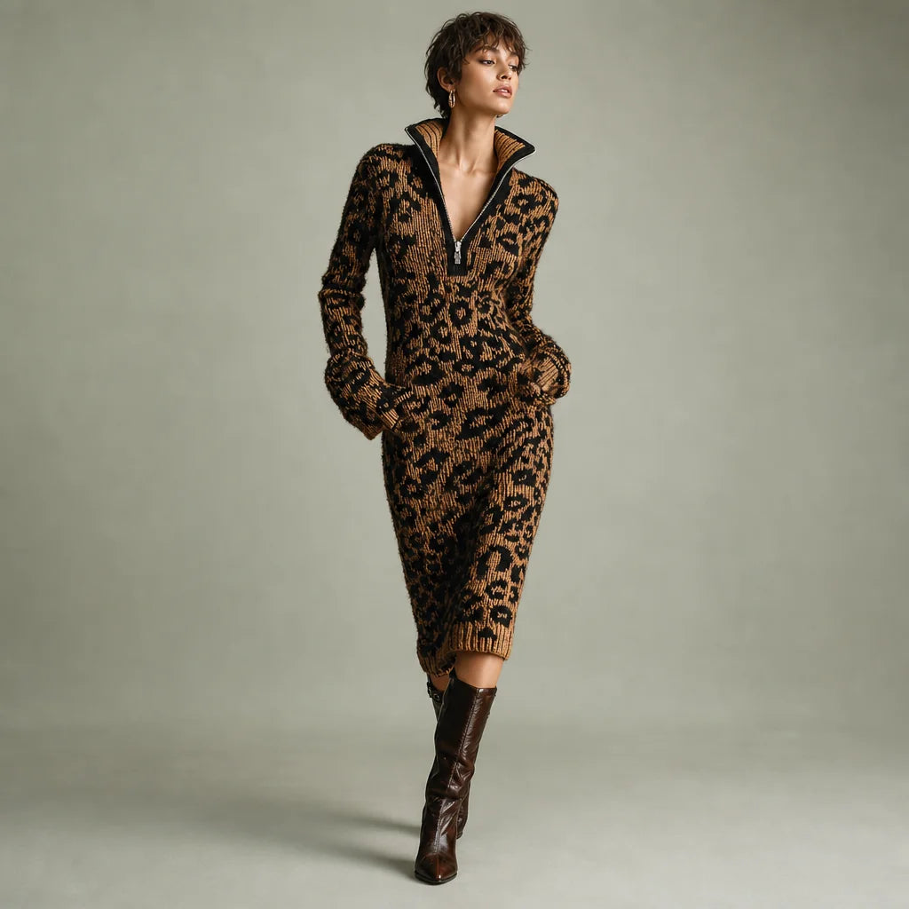 Women's Soft Jacquard Knit Midi Dress | Trendy Leopard Print with Zipper Neck 0