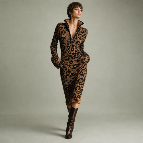 Women's Soft Jacquard Knit Midi Dress | Trendy Leopard Print with Zipper Neck 0