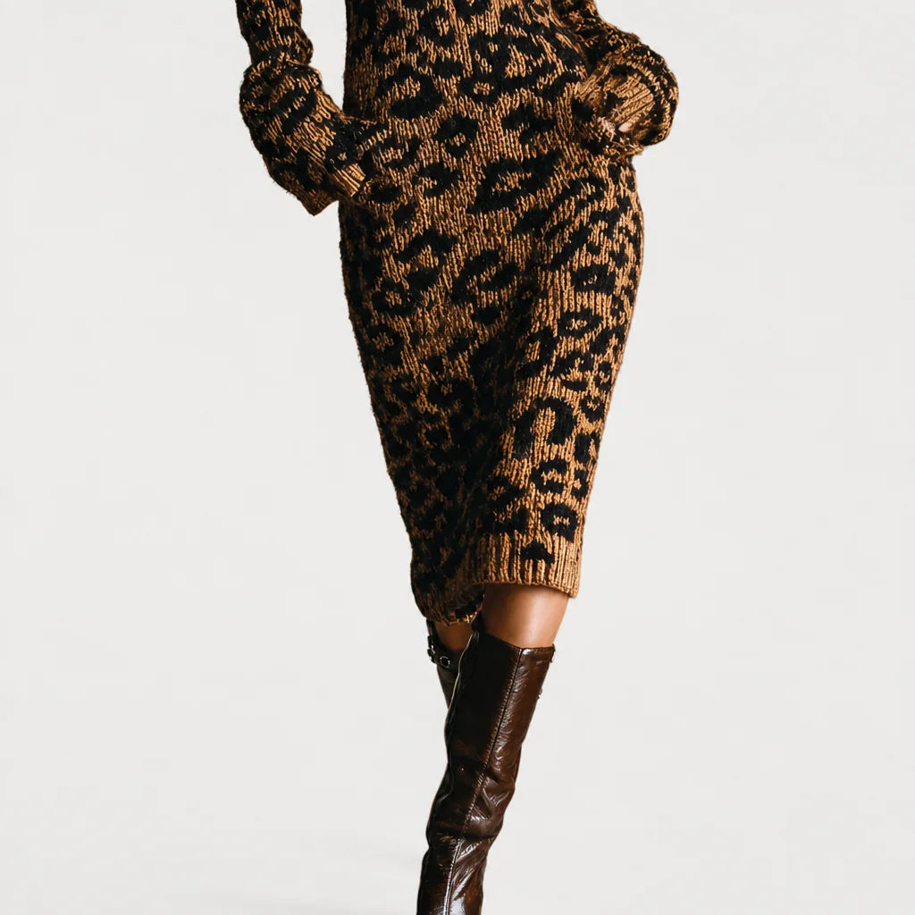 Women's Soft Jacquard Knit Midi Dress | Trendy Leopard Print with Zipper Neck 1
