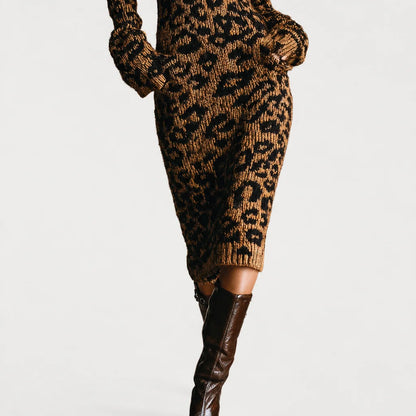 Women's Soft Jacquard Knit Midi Dress | Trendy Leopard Print with Zipper Neck 1