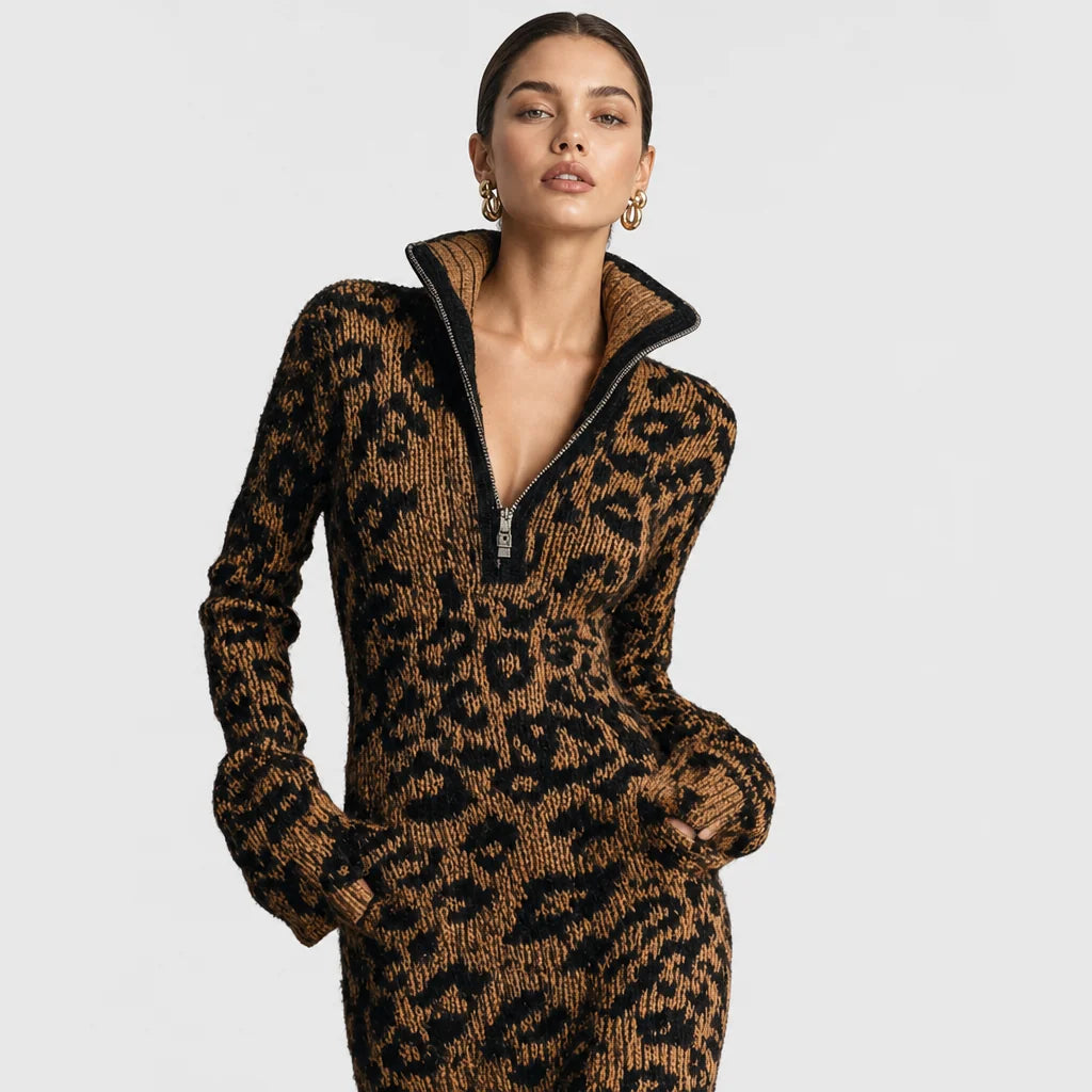 Women's Soft Jacquard Knit Midi Dress | Trendy Leopard Print with Zipper Neck 2