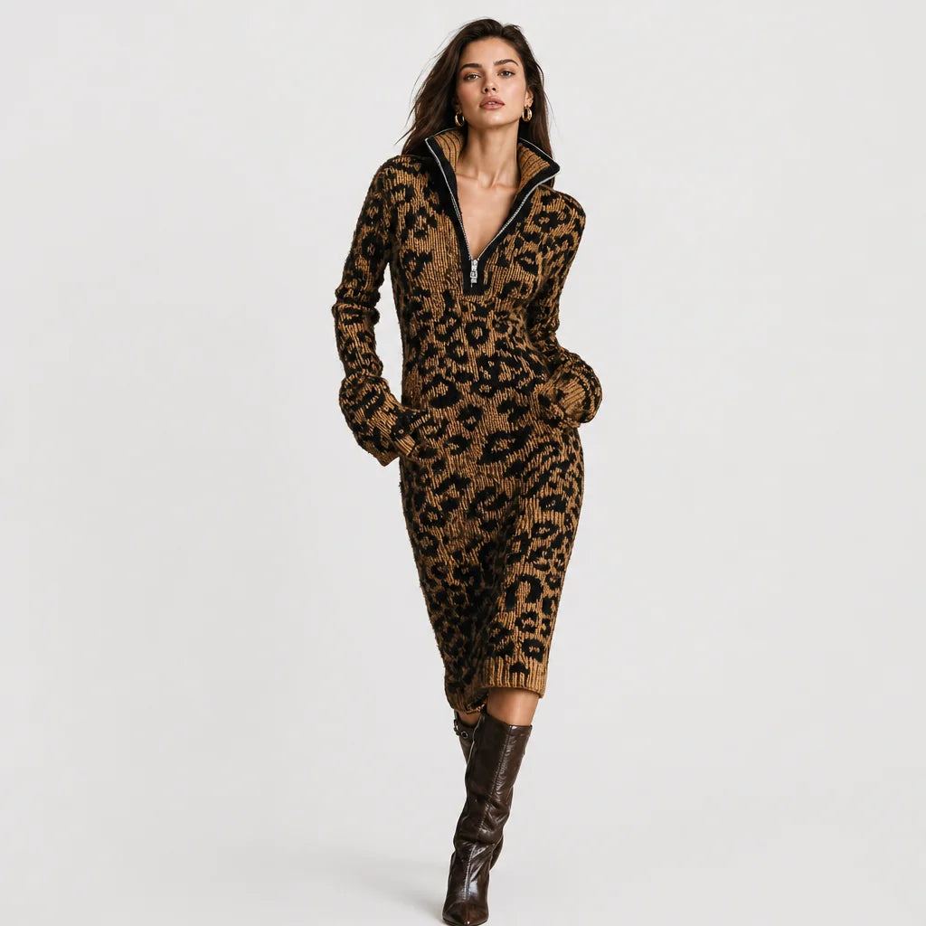 Women's Soft Jacquard Knit Midi Dress | Trendy Leopard Print with Zipper Neck 3