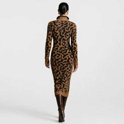 Women's Soft Jacquard Knit Midi Dress | Trendy Leopard Print with Zipper Neck 4