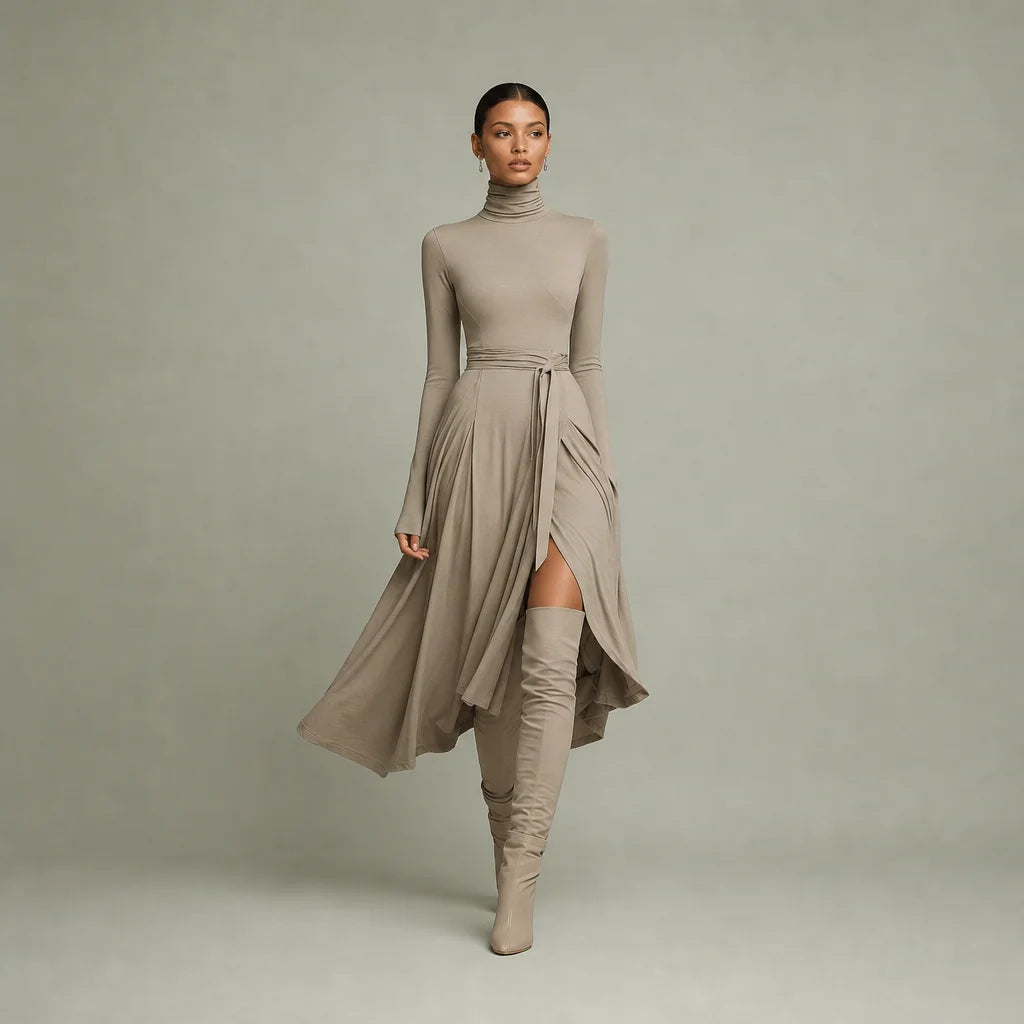 Women's Soft Knit Blend Maxi Dress | Elegant Long Sleeve High Neck Formal Dress 0