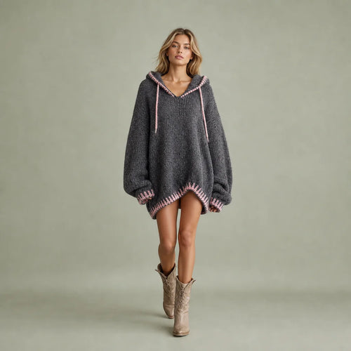 Women's Soft Knit Mini Dress | Casual Hooded Pink Trim Summer Dress 0