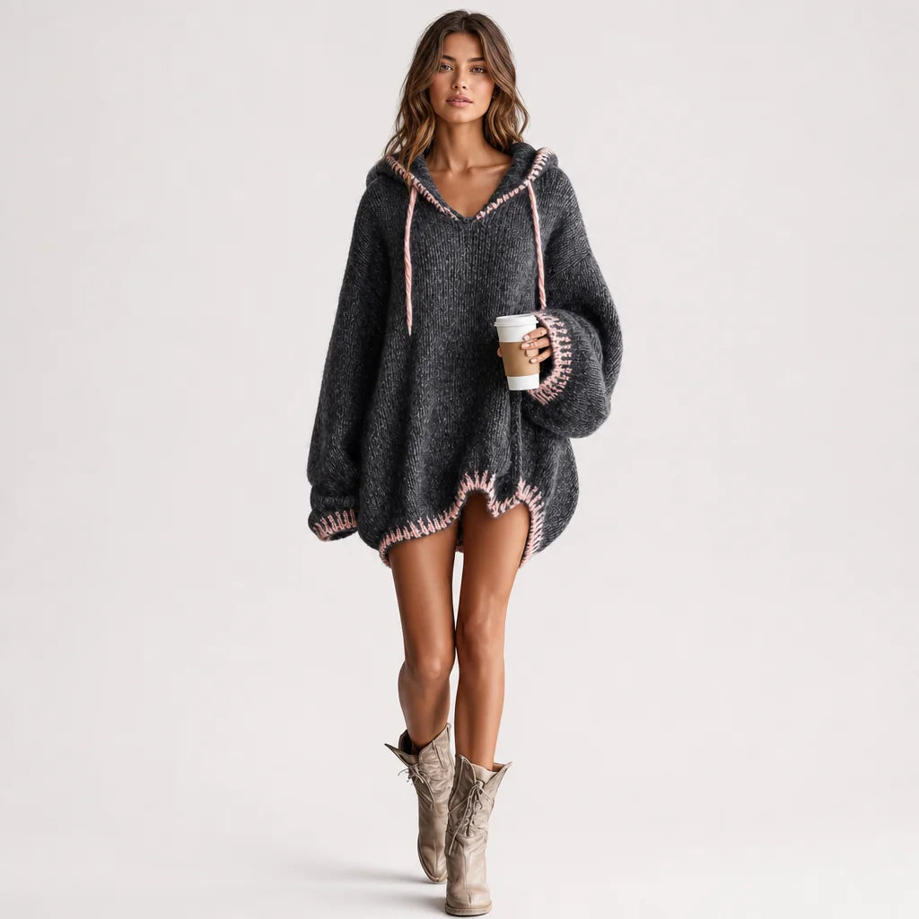Women's Soft Knit Mini Dress | Casual Hooded Pink Trim Summer Dress 2