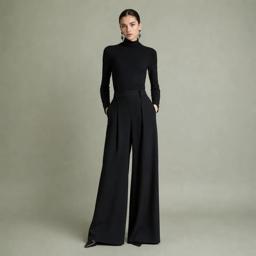 Women's Soft Knit Turtleneck Jumpsuit | Sleek Wide-Leg Fall Outfit 0