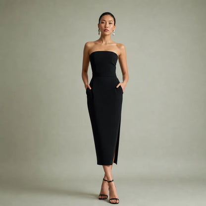 Women's Stretch Knit Midi Dress | Elegant Strapless Bodycon Summer Dress 0