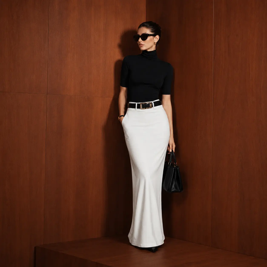 Women's Stretch Knit Turtleneck Top & Woven Midi Skirt Set | Elegant Two-Piece Outfit for Spring & Autumn 0