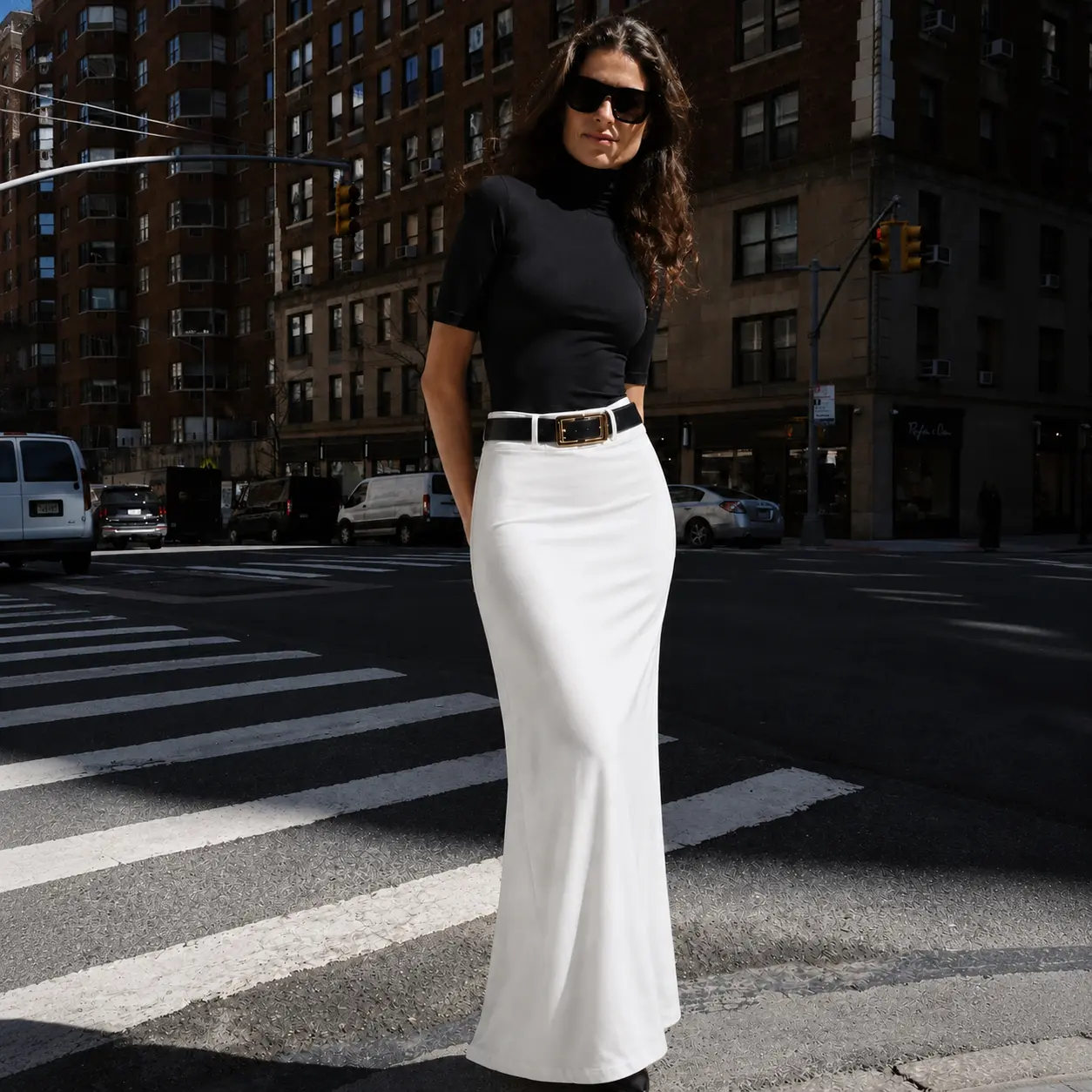 Women's Stretch Knit Turtleneck Top & Woven Midi Skirt Set | Elegant Two-Piece Outfit for Spring & Autumn 1