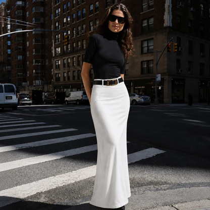 Women's Stretch Knit Turtleneck Top & Woven Midi Skirt Set | Elegant Two-Piece Outfit for Spring & Autumn 1