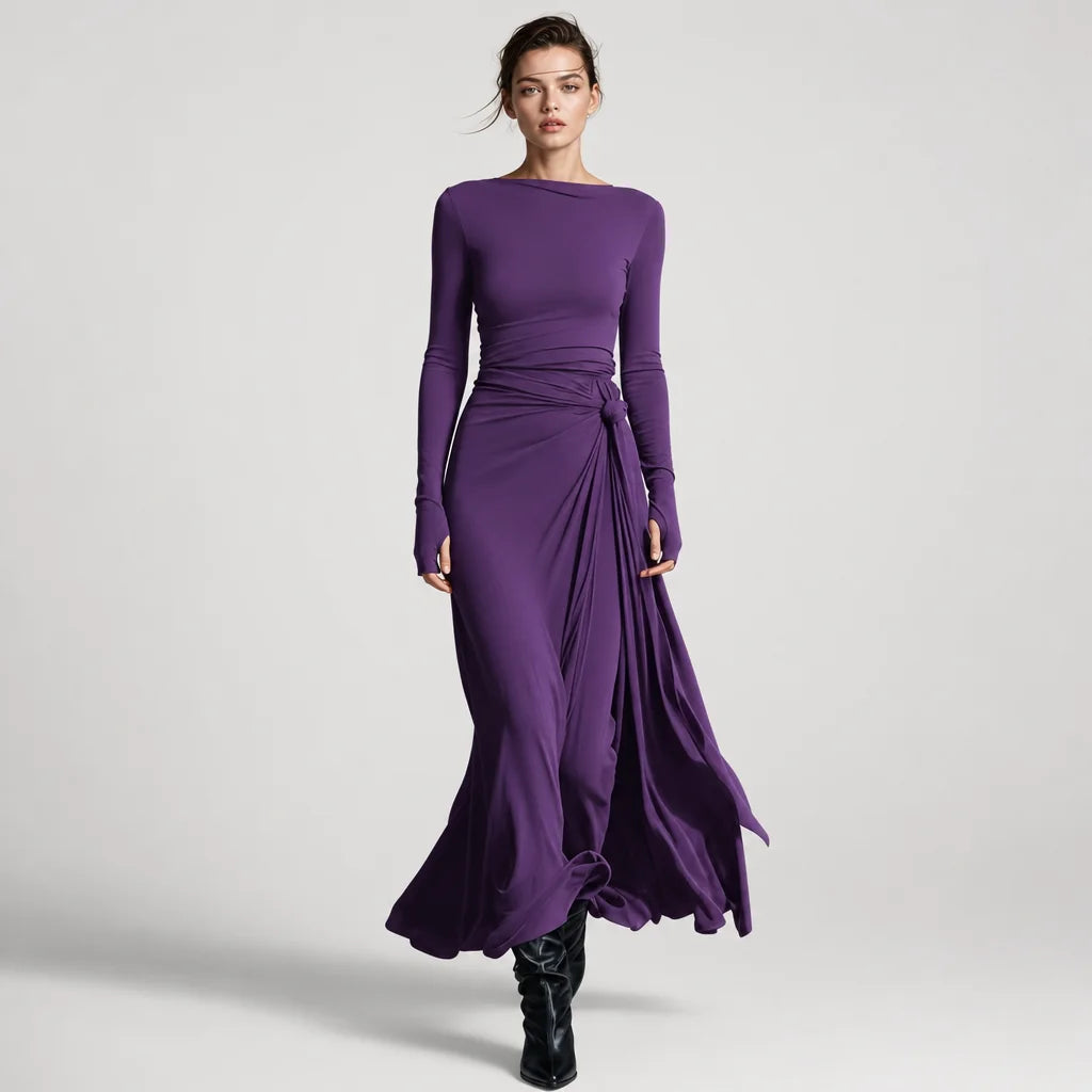 Women's Stretch Polyester-Cotton Maxi Dress | Elegant Wrap Design with Knot Detail 9