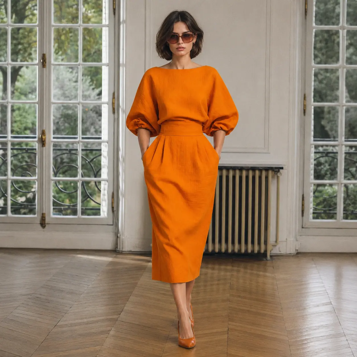Women's Stylish Cotton Blend Two-Piece Skirt Set | Elegant Midi Skirt with Puffed Sleeve Top 1