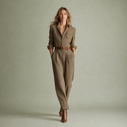 Women's Tweed-Texture Plaid Jumpsuit | Sophisticated Utility Wide Leg Outfit 0