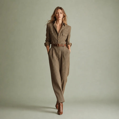 Women's Tweed-Texture Plaid Jumpsuit | Sophisticated Utility Wide Leg Outfit 0