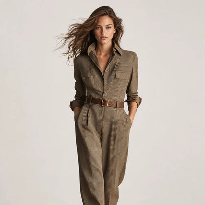 Women's Tweed-Texture Plaid Jumpsuit | Sophisticated Utility Wide Leg Outfit 1