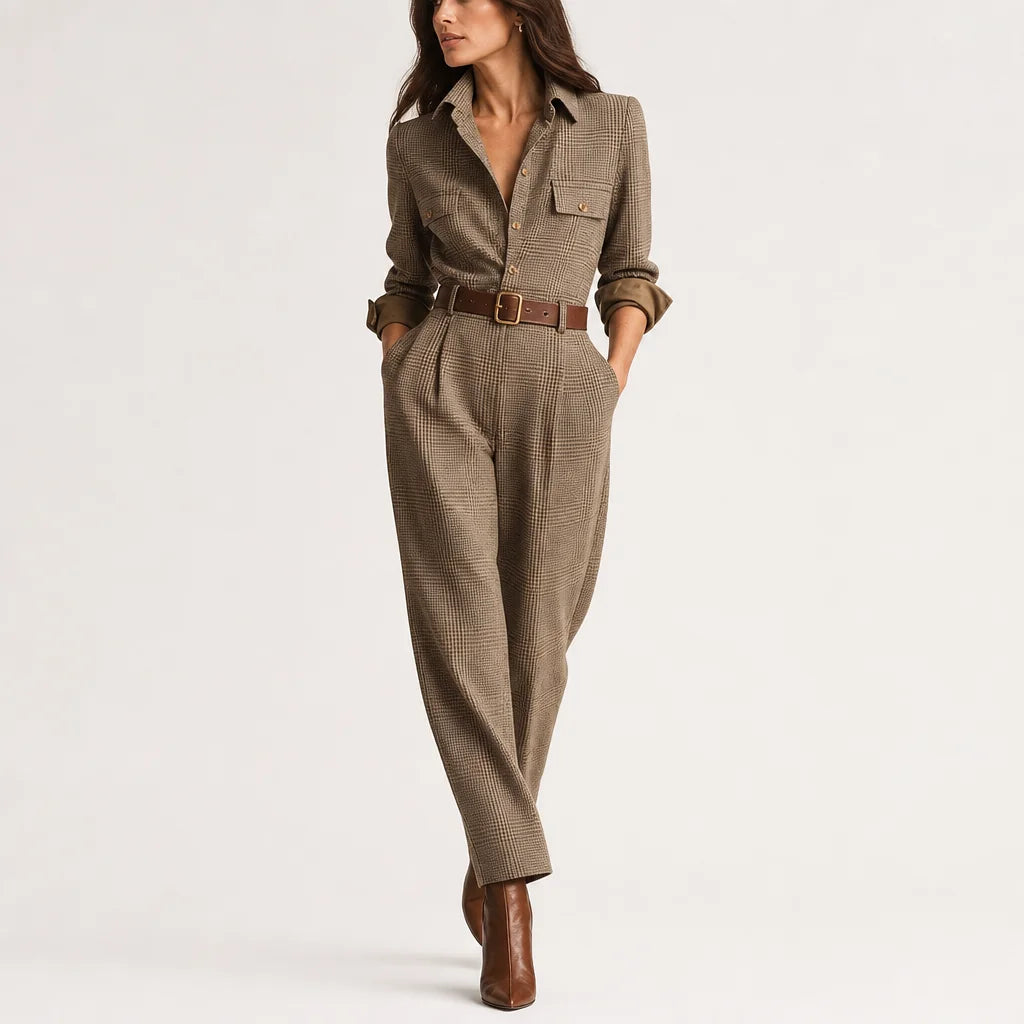 Women's Tweed-Texture Plaid Jumpsuit | Sophisticated Utility Wide Leg Outfit 2