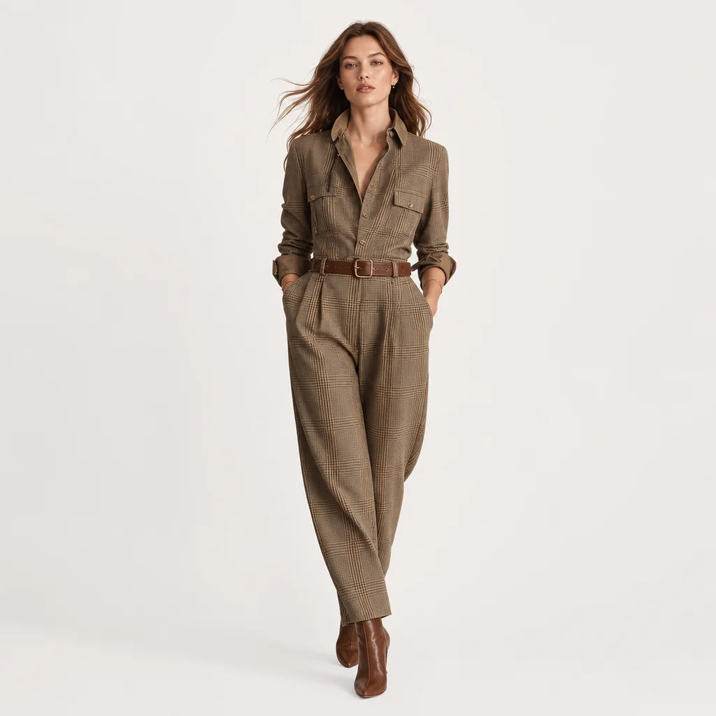 Women's Tweed-Texture Plaid Jumpsuit | Sophisticated Utility Wide Leg Outfit 3