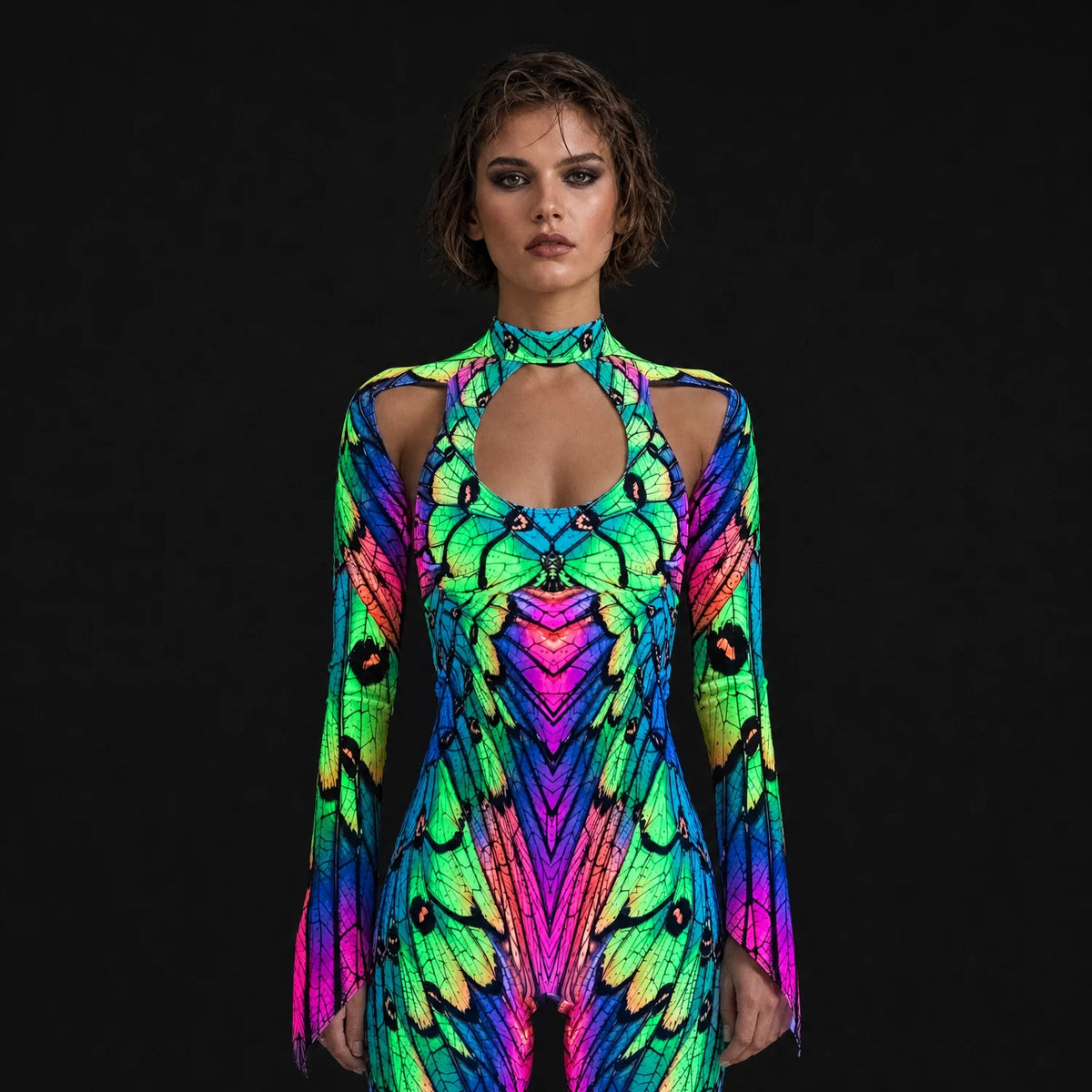 Women's Vibrant Polyester Cut Out Costume | Edgy Neon Nymph Rave Outfit 0
