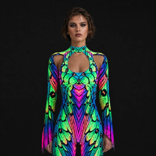 Women's Vibrant Polyester Cut Out Costume | Edgy Neon Nymph Rave Outfit 0