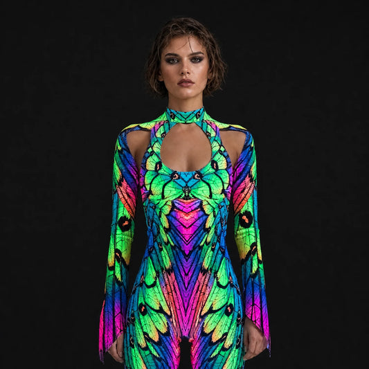 Women's Vibrant Polyester Cut Out Costume | Edgy Neon Nymph Rave Outfit 0