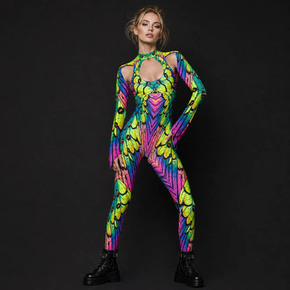 Women's Vibrant Polyester Cut Out Costume | Edgy Neon Nymph Rave Outfit 1