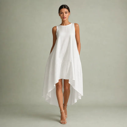 Women's White Linen Midi Dress | Elegant Sleeveless Asymmetric Hem Summer Dress 0